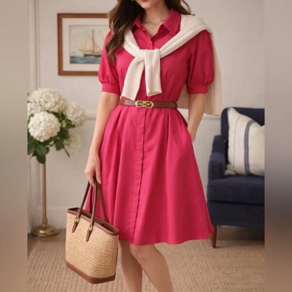 NWT Eliza J Pink Button Front Tiered Puff Sleeve 100% Cotton Shirt Dress Size 10